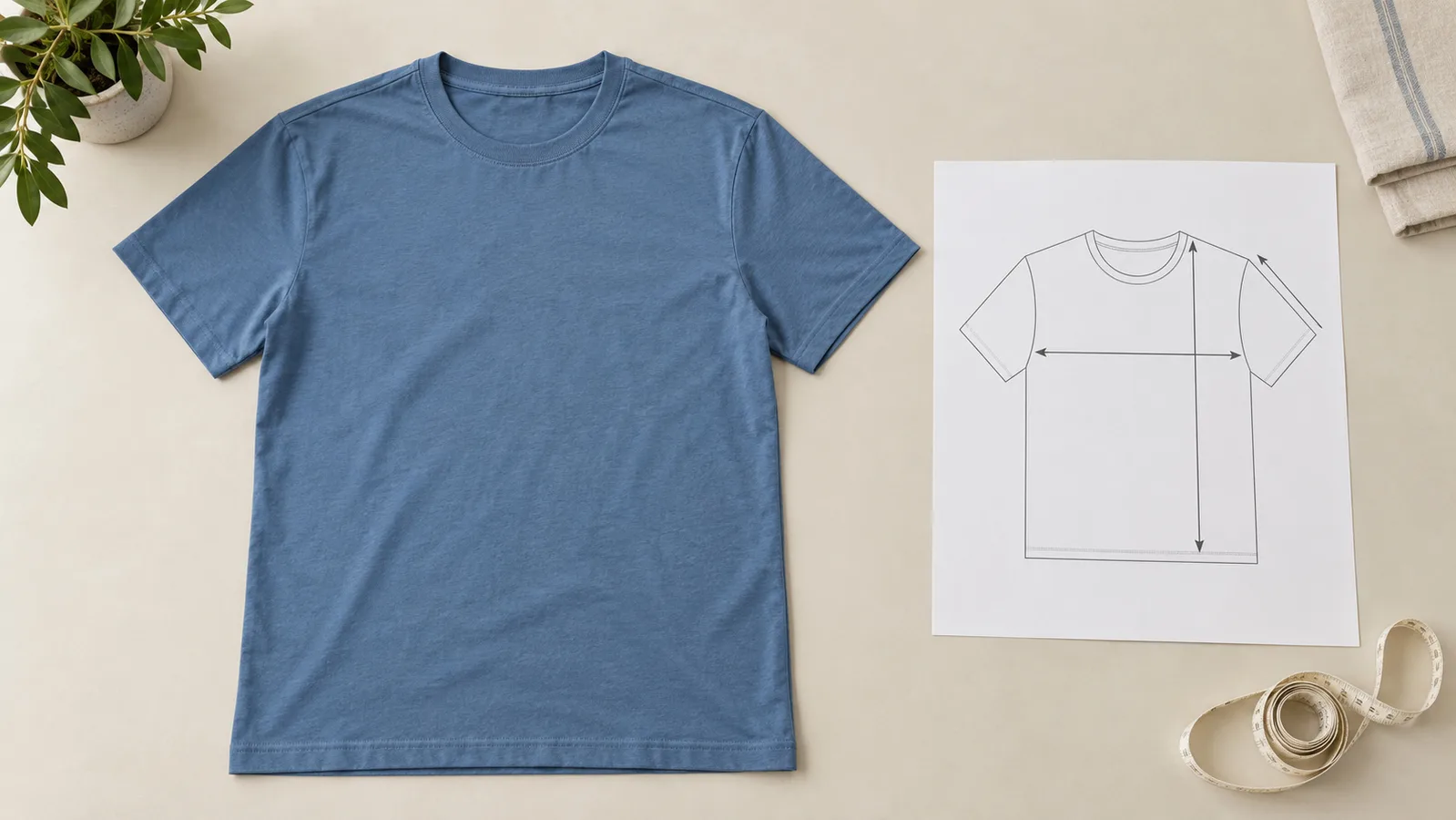 Ensfarget T-skjorte lagt flatt ved siden av en plaggmålskisse