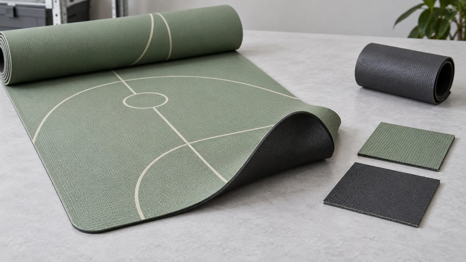 Trykt yogamatte og separate basismaterialeprøver arrangert for å illustrere en produksjonsrute