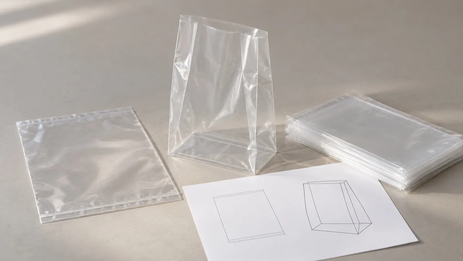 Tydelige flate og sidekantede plastposeprøver ved siden av en enkel formtegning