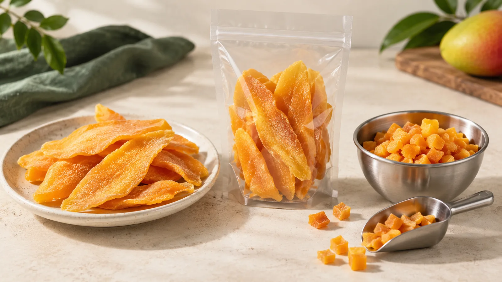 Tørkede mangoskiver og mango i terninger sammenlignet med to produktspesifikasjoner