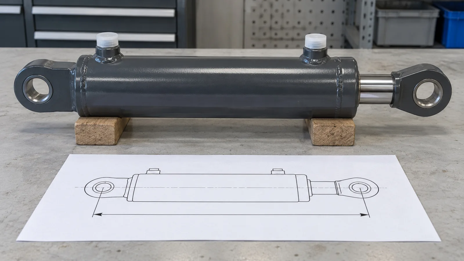 Avinstallert hydraulisk sylinder med beskyttede porter ved siden av en skjematisk monteringstegning