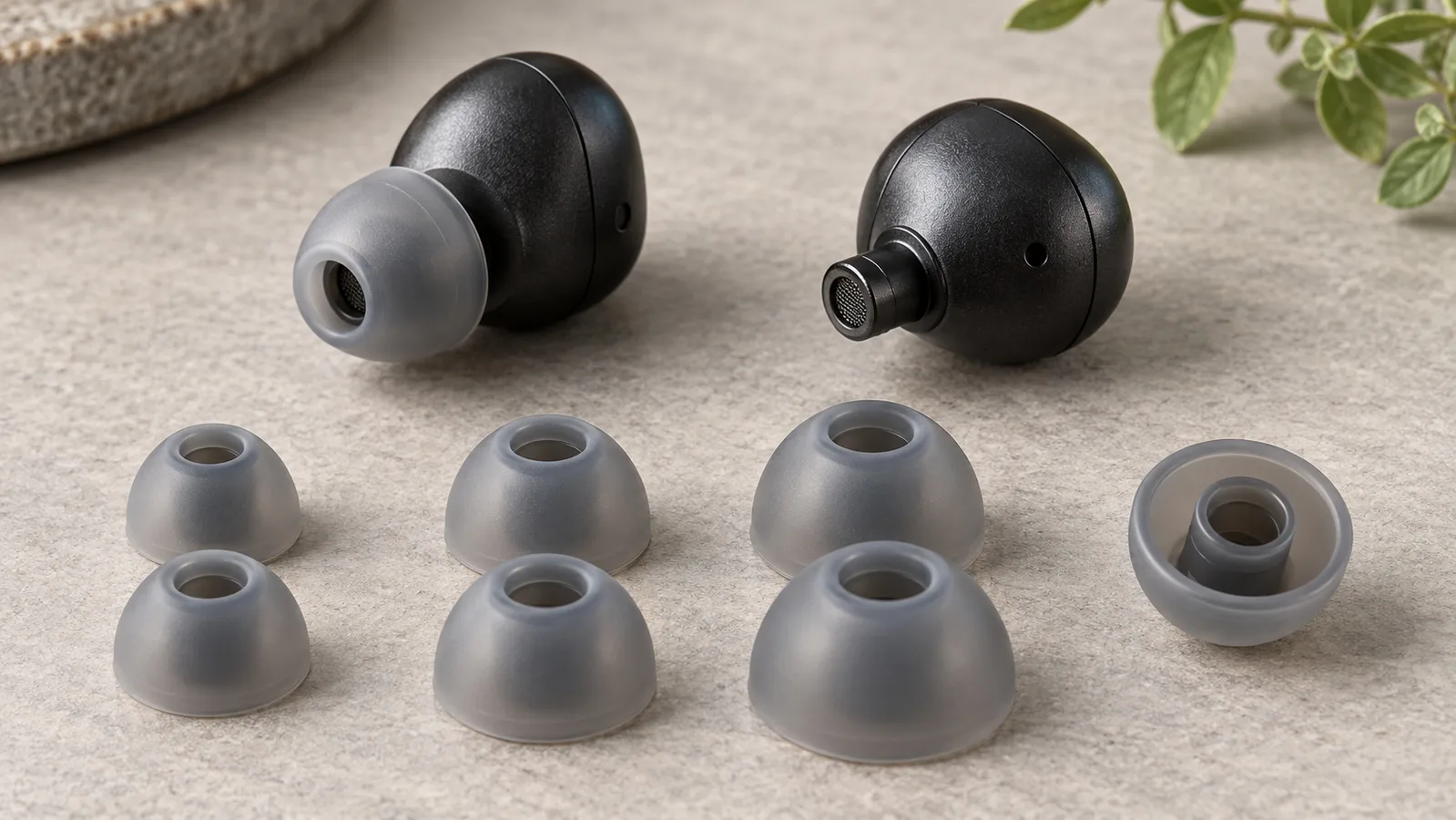 Bluetooth-øreplugger og separate ørepropper i silikon som viser skjørtene og festekragene deres