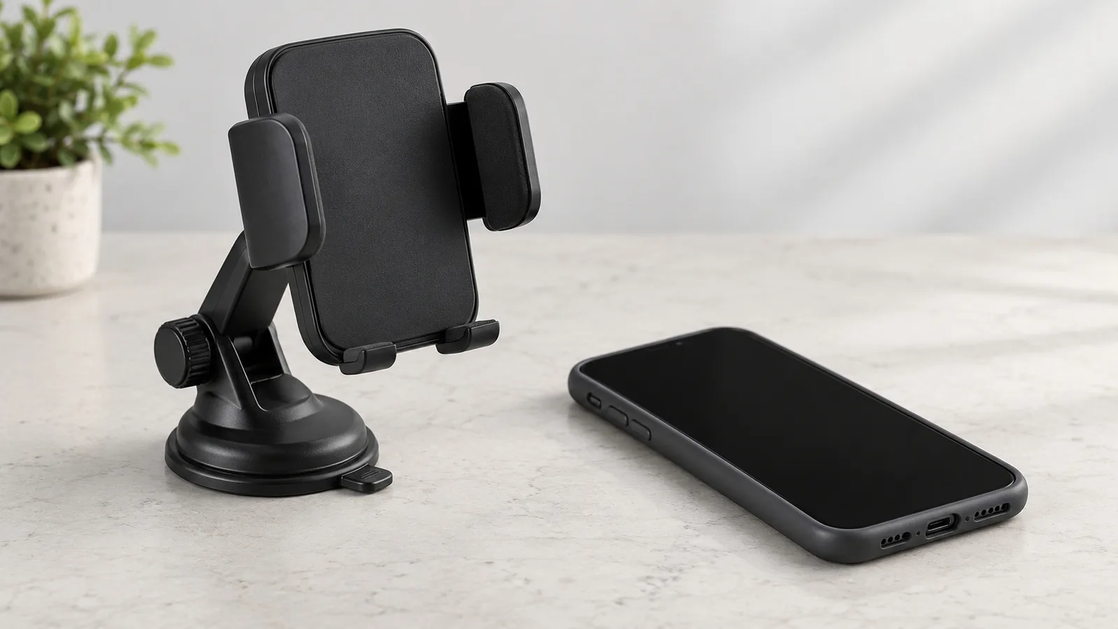 Generisk telefonholder i klemmestil på et nøytralt prøvegjennomgangsbord ved siden av en umerket telefon