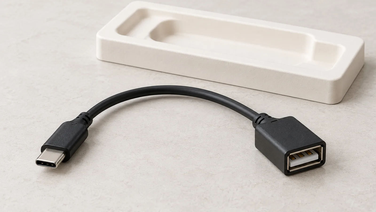 En generisk USB-adapterkabel med begge kontaktendene synlige på en nøytral inspeksjonsoverflate