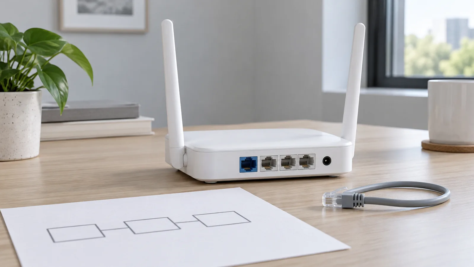 Umerket hvit stasjonær Wi-Fi-ruter med synlige Ethernet-porter på baksiden ved siden av en enkel nettverksskisse