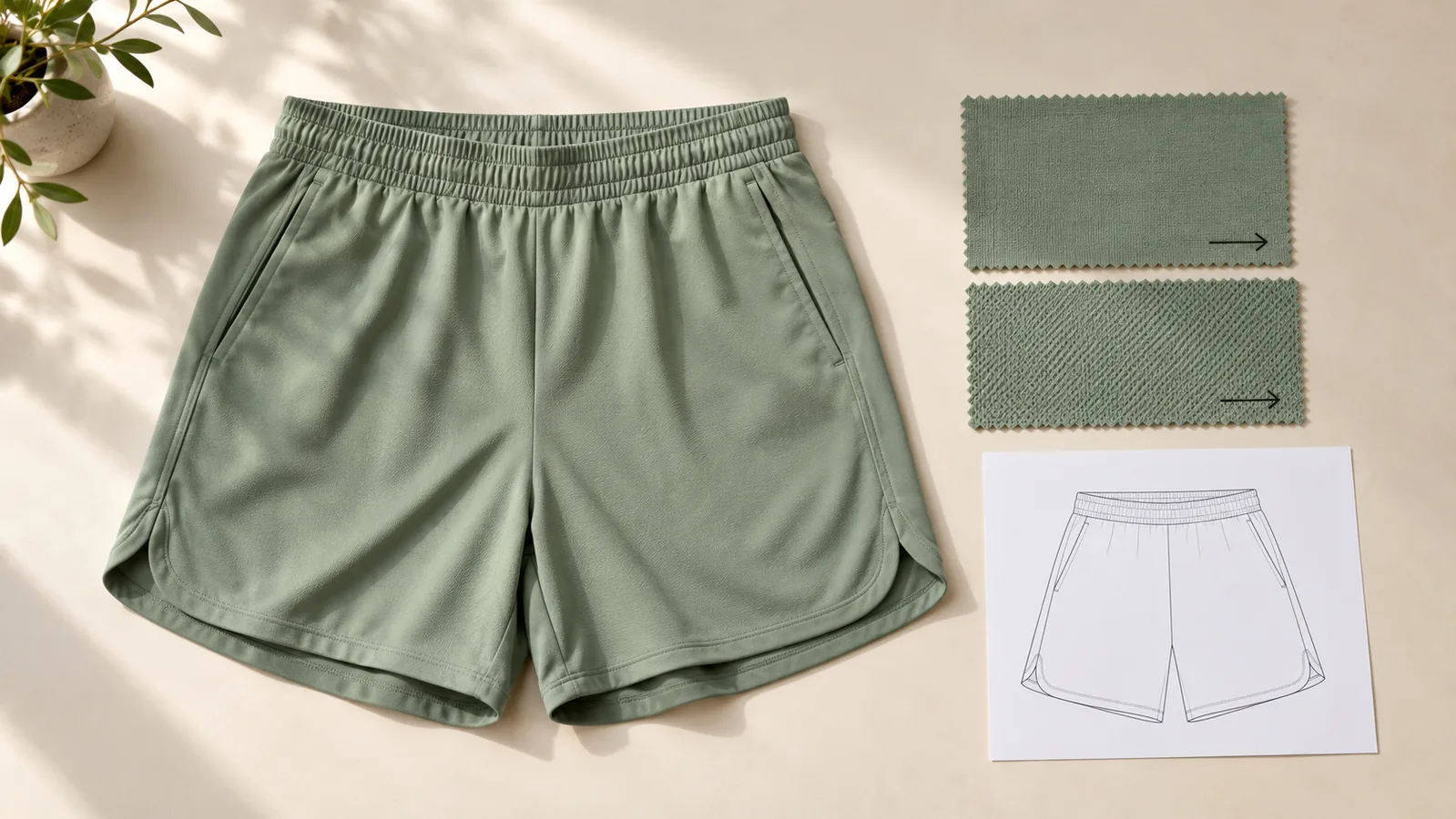 Activewear-shortsprøve ved siden av stoffprøver med markert retning og en panelskisse