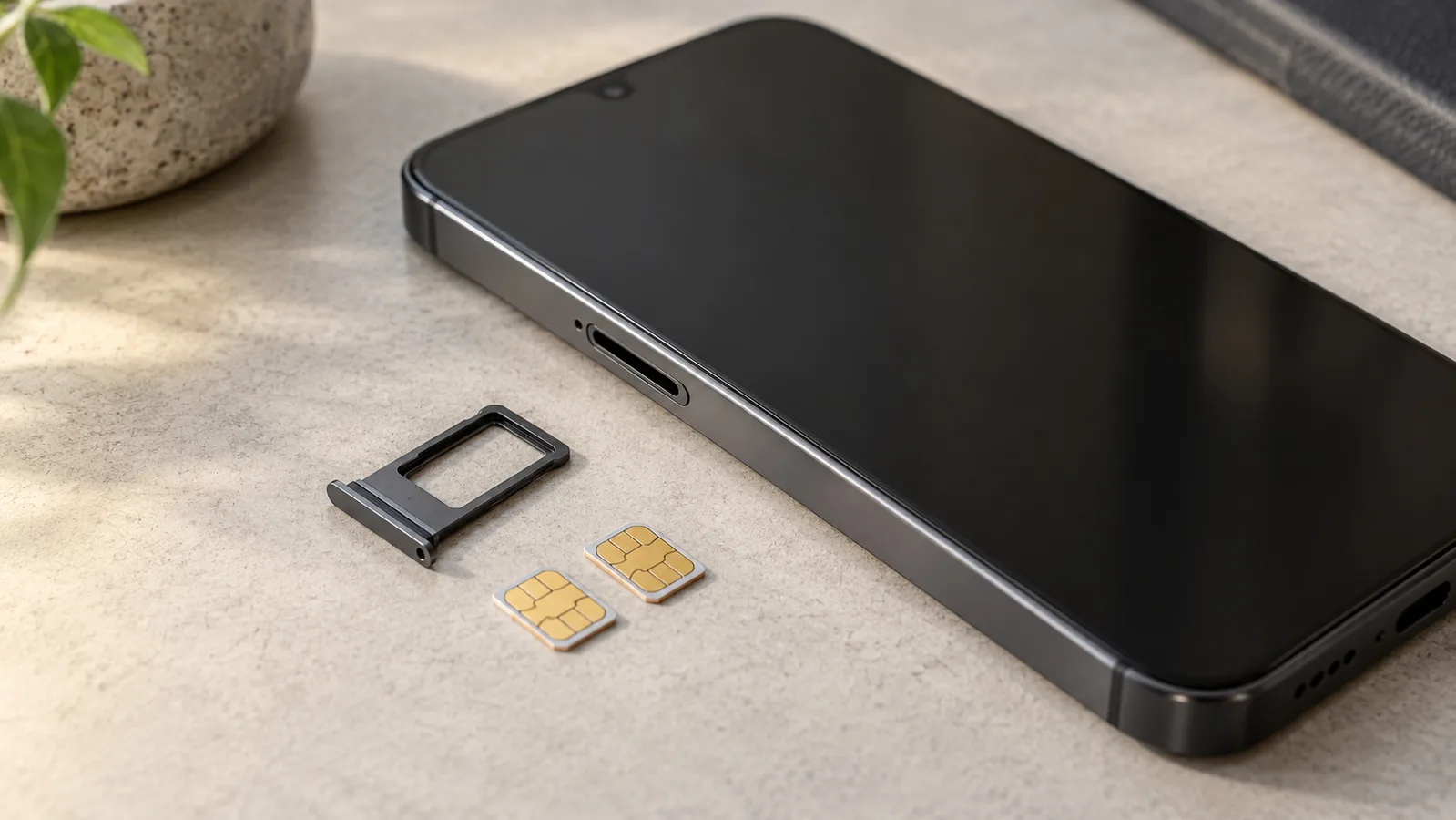 Umerket smarttelefon ved siden av en separat SIM-skuff og to SIM-kort, som illustrerer støtte for fysisk kort